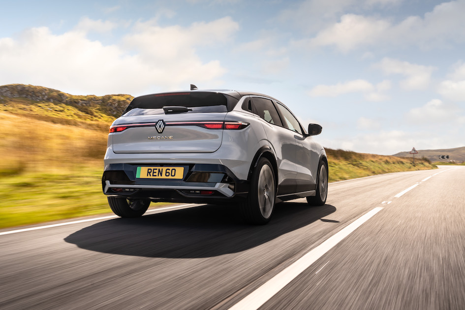 Grey Renault Megane E-Tech rear driving