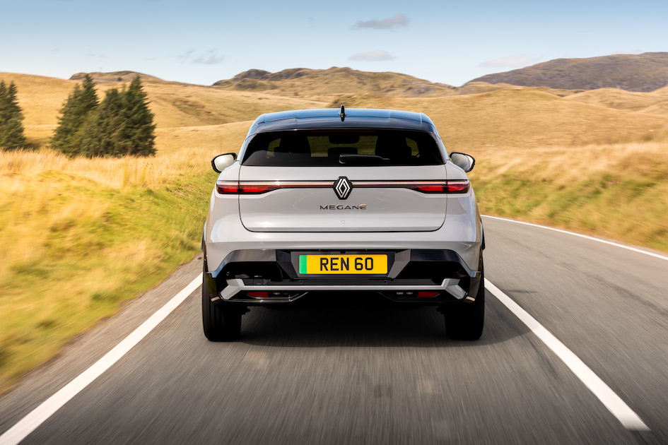 Grey Renault Megane E-tech rear square on