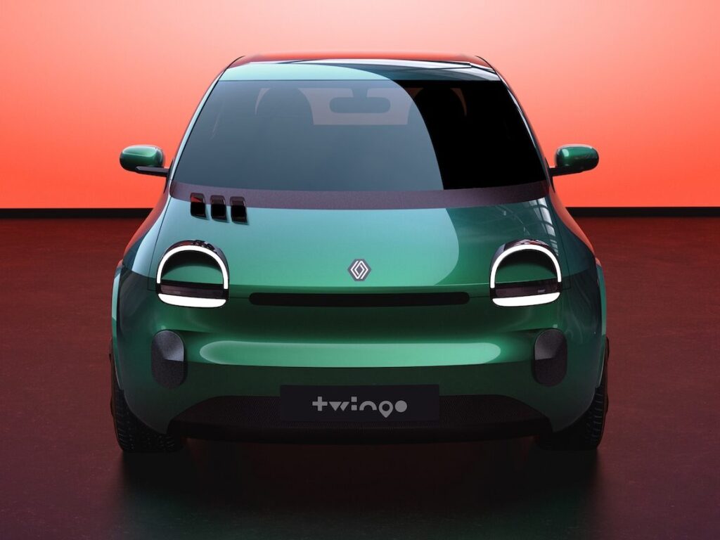 Green Renault Twingo prototype head on