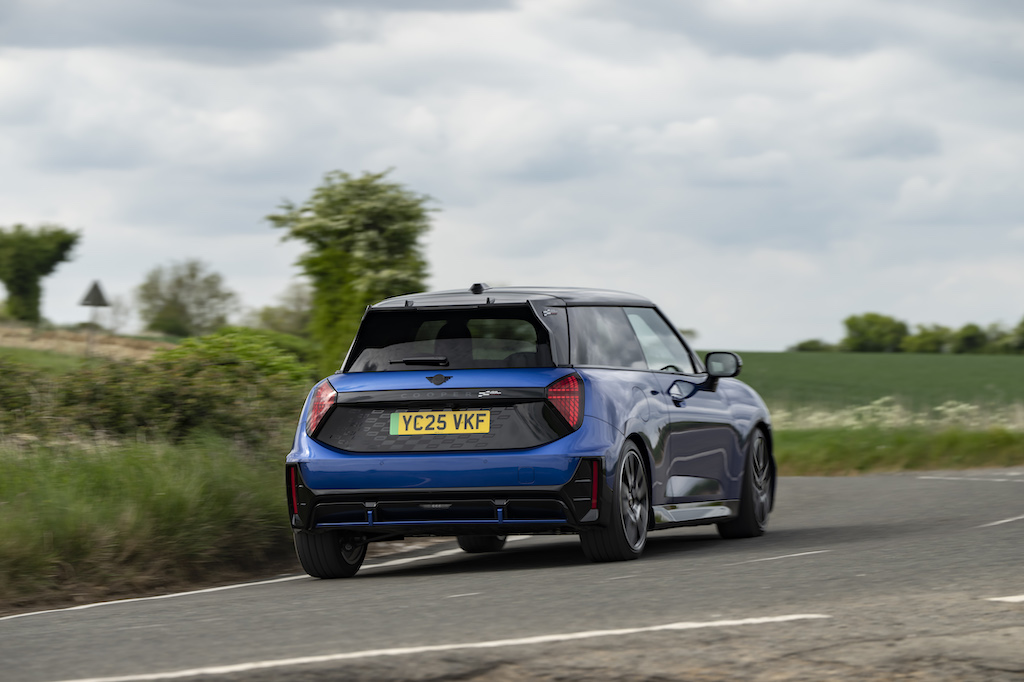 Blue Mini Cooper JCW rear cornering